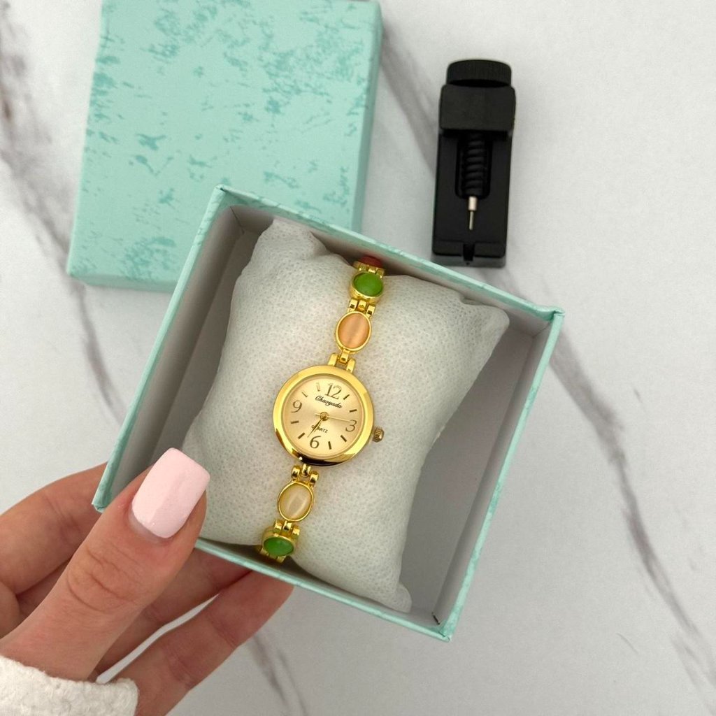 Sku:0223 Vintage Inspired Gold Mini Watch With Multicolour Stones +In A Gift Box